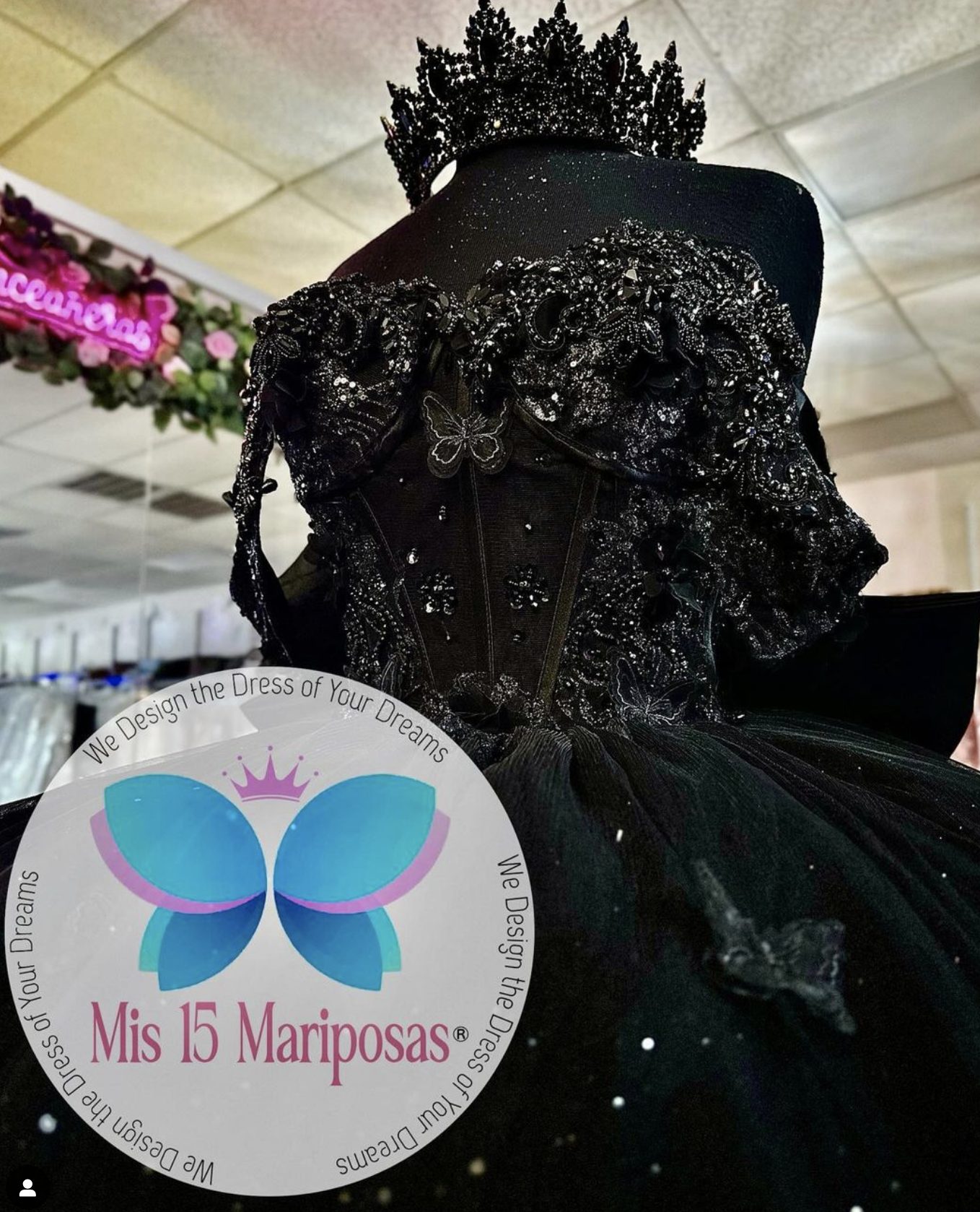 Mis 15 Mariposas black quinceañera ball gown with beaded corset and black crown