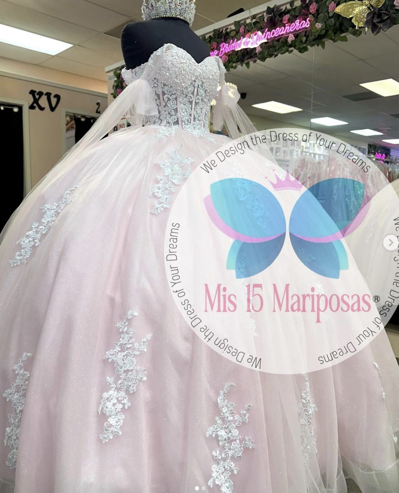 Mis 15 Mariposas blush white quinceañera ball gown with crystal bodice