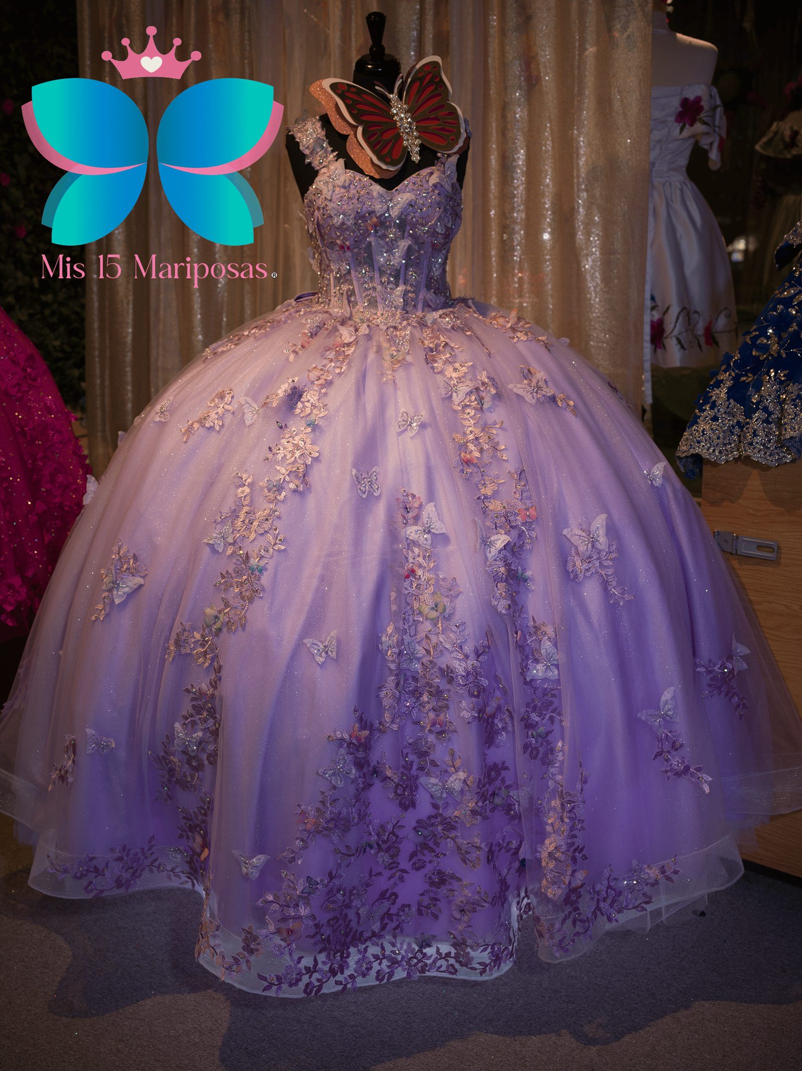 Mis 15 Mariposas lilac quinceañera ball gown with 3D flowers and butterfly details