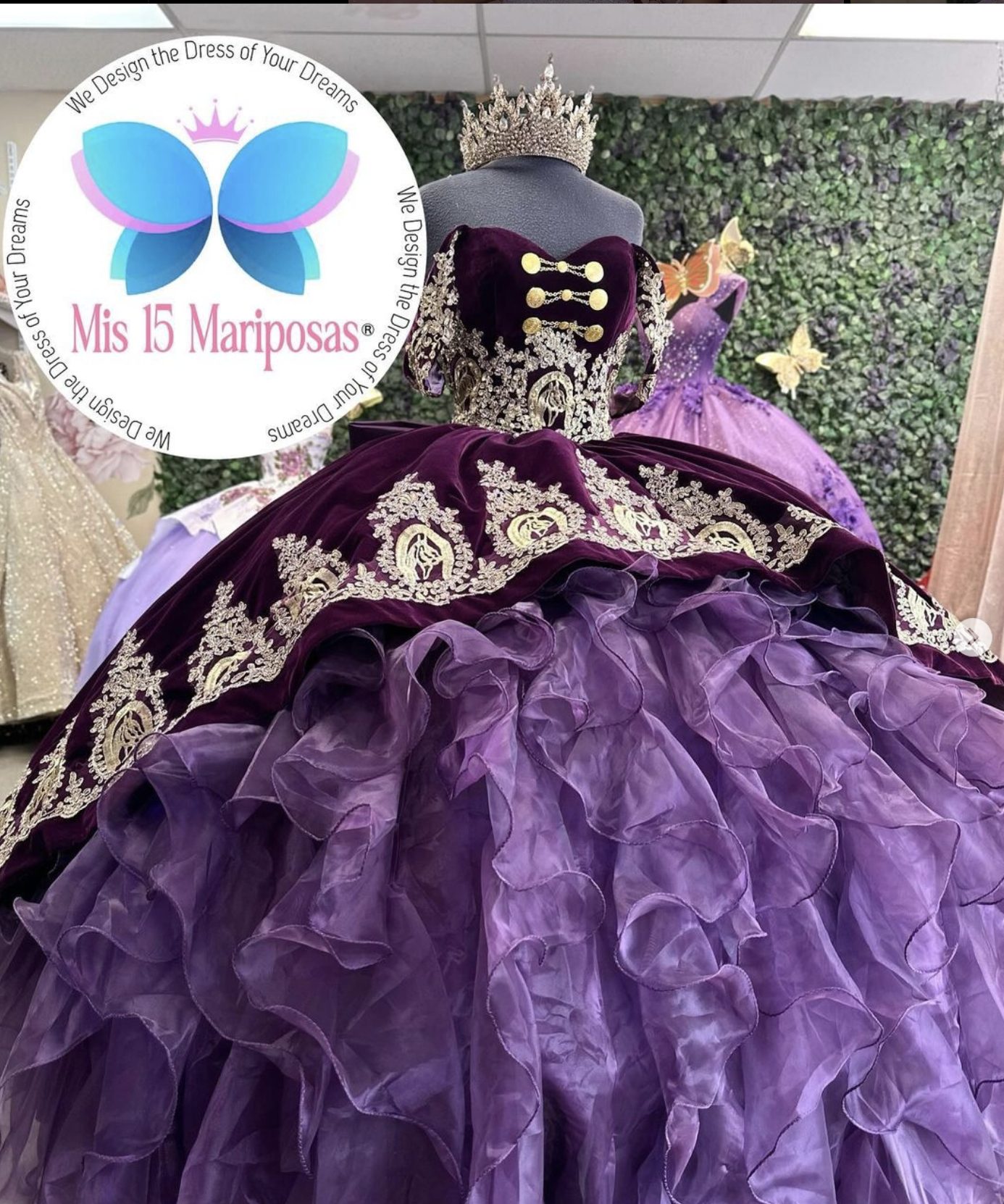 Mis 15 Mariposas purple charro quinceañera dress with gold embroidery and matching sombrero