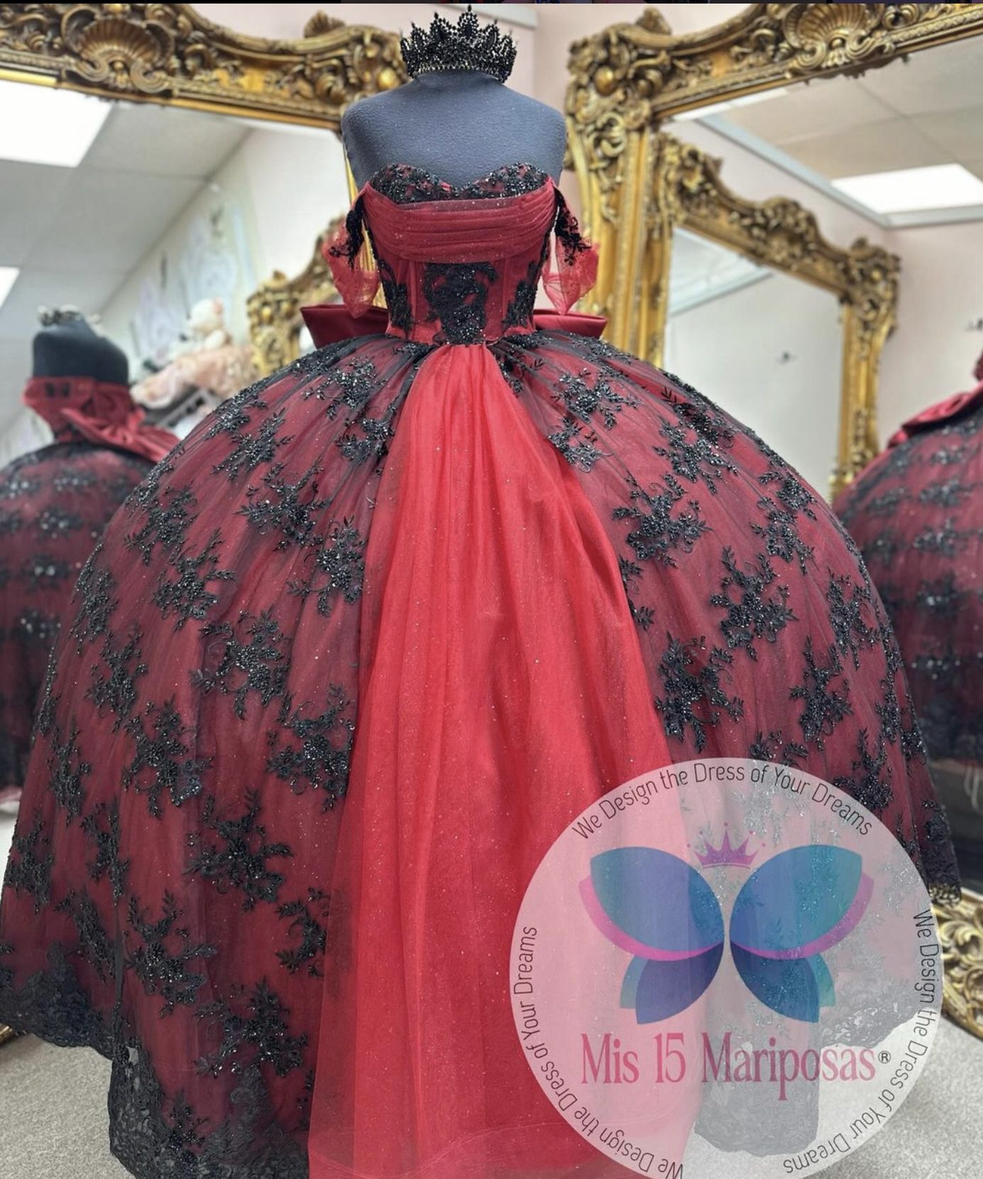 Mis 15 Mariposas red quinceañera gown with black lace overlay and bow