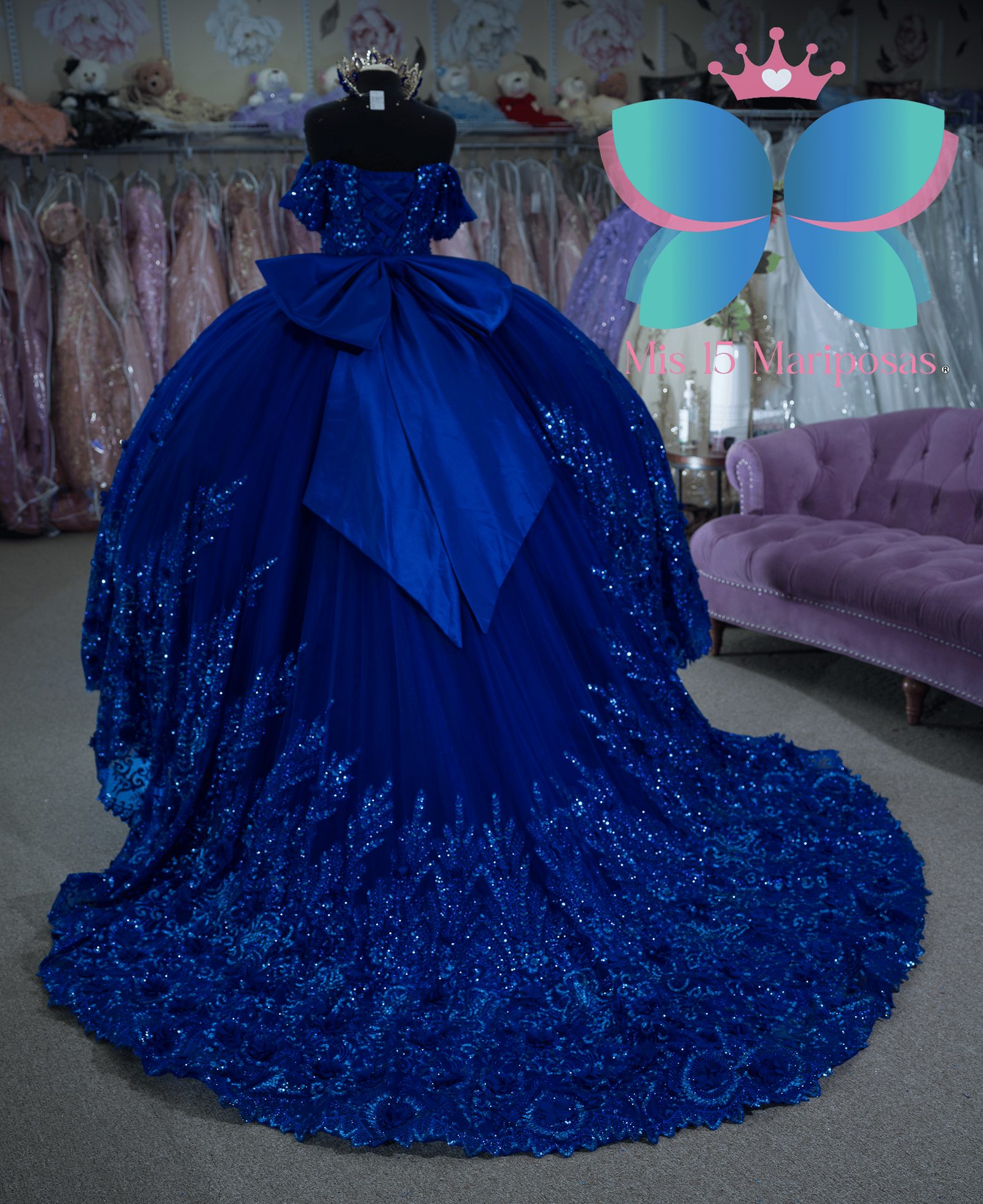 Mis 15 Mariposas royal blue sequin quinceañera gown with long embellished train
