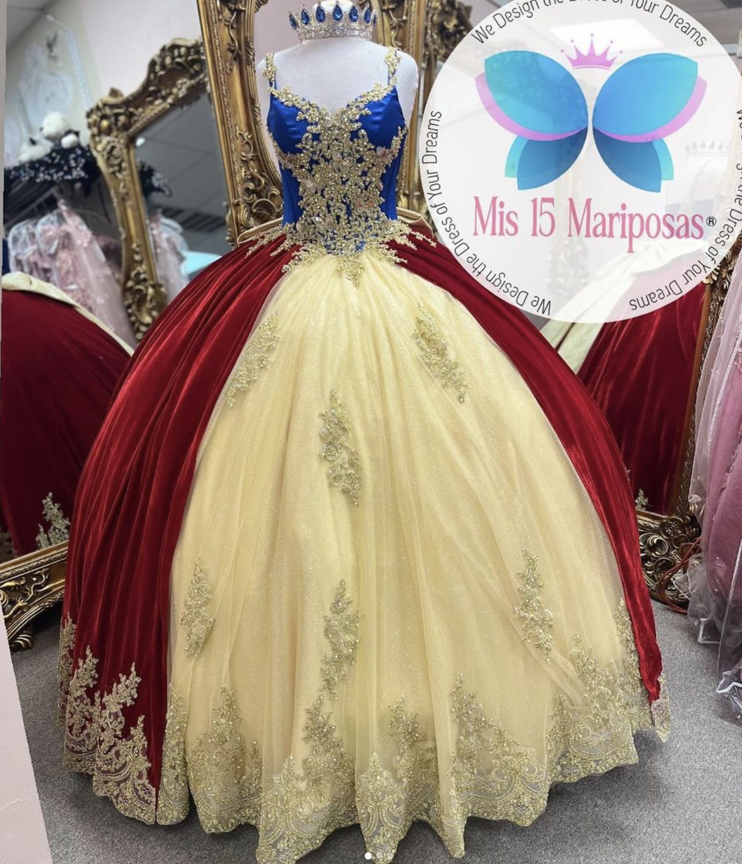 Mis 15 Mariposas royal blue and red quinceañera gown with gold lace and crown